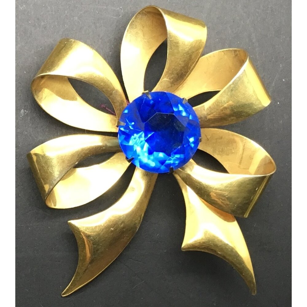 Kilpatrick Gold Filled  Brooch Pin  Bow Dark Blue Glass Prong Set Christmas